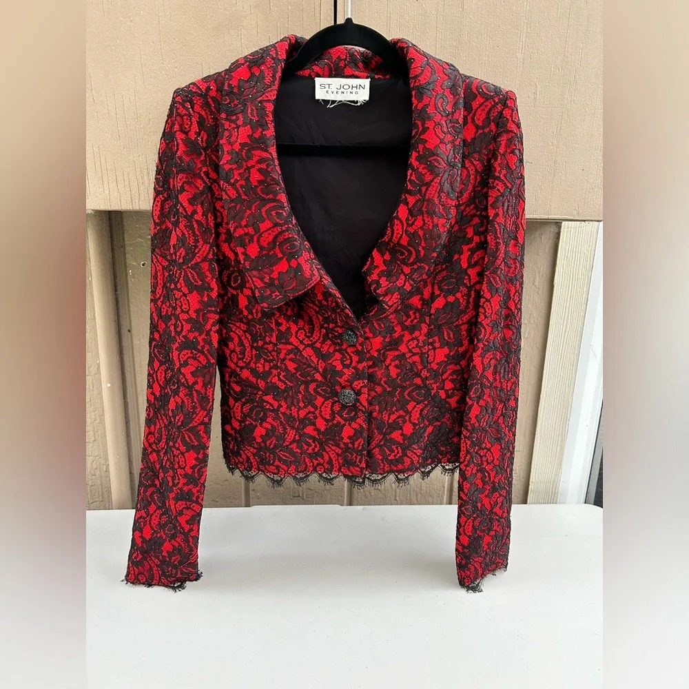 St.John floral lace jacket in Crimson with red Santana knit pants - Picture 2 of 6